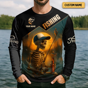 Fish And Beer, Skeleton Fishing, Funny Fishing Shirts, SPF Shirts For Men, Long Sleeve Tops