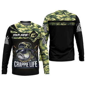 Crappie Life Camo Fishing Shirt, Fishing T-Shirts Funny, SPF Long Sleeve Shirts, Men Long Sleeve Shirt