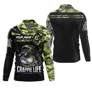 Crappie Life Camo Fishing Shirt, Fishing T-Shirts Funny, SPF Long Sleeve Shirts, Men Long Sleeve Shirt