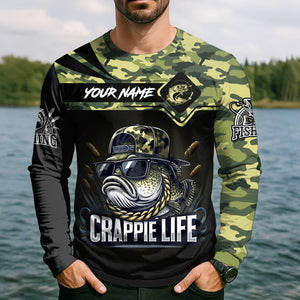 Crappie Life Camo Fishing Shirt, Fishing T-Shirts Funny, SPF Long Sleeve Shirts, Men Long Sleeve Shirt