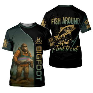 Fish Around & Find Trout Fishing Shirt, Bigfoot Fishing Shirt, SPF Shirts For Men, Funny Fishing Shirt