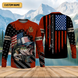 Patriotic Fishing Shirt, Largemouth Bass Fishing SPF Shirt, Fisherman Outfit, Men Long Sleeve Shirt