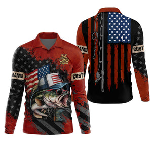 Patriotic Fishing Shirt, Largemouth Bass Fishing SPF Shirt, Fisherman Outfit, Men Long Sleeve Shirt