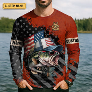 Patriotic Fishing Shirt, Largemouth Bass Fishing SPF Shirt, Fisherman Outfit, Men Long Sleeve Shirt