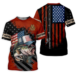 Patriotic Fishing Shirt, Largemouth Bass Fishing SPF Shirt, Fisherman Outfit, Men Long Sleeve Shirt