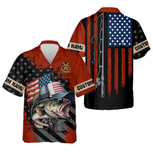 Patriotic Fishing Shirt, Largemouth Bass Fishing SPF Shirt, Fisherman Outfit, Men Long Sleeve Shirt