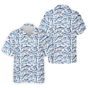 Navy Fish Pattern Fishing UPF Shirts, Female Fishing Shirts, SPF Long Sleeve Shirts Womens