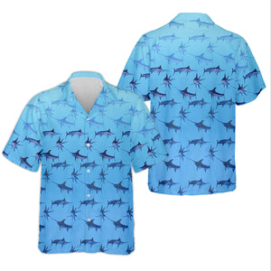 Swordfish Pattern Blue Fishing Shirt, Cute Fishing Outfits, SPF Shirt For Men, Men's Fishing Shirt