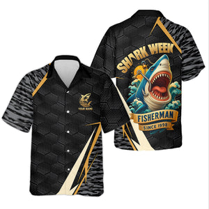 Shark Week Hexagon Pattern Black Fishing Shirt, SPF Shirt For Men, Men's Fishing Shirt