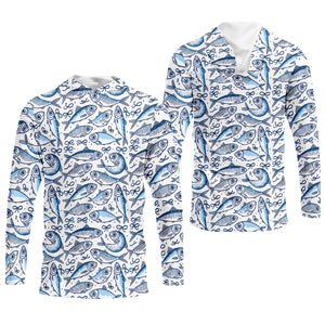 Navy Fish Pattern Fishing UPF Shirts, Men's Fishing Shirts Long Sleeve, Presents For Fishermen