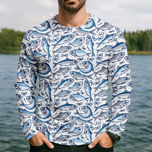 Navy Fish Pattern Fishing UPF Shirts, Men's Fishing Shirts Long Sleeve, Presents For Fishermen