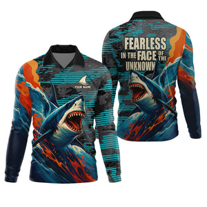 Fearless In The Face Of The Unknown Fishing UPF Shirts, Fishing Gifts For Men, Shark Fishing
