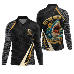 Shark Week Hexagon Pattern Black Fishing Shirt, SPF Shirt For Men, Men's Fishing Shirt