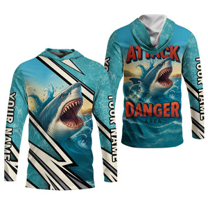 Shark Fishing SPF Shirts, Shark Attack Danger Area Fishing Shirts For Men, Funny Fisherman Gift