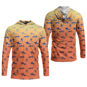 Swordfish Pattern Orange Fishing Shirt, Cute Fishing Outfits, SPF Shirt For Men, Men's Fishing Shirt