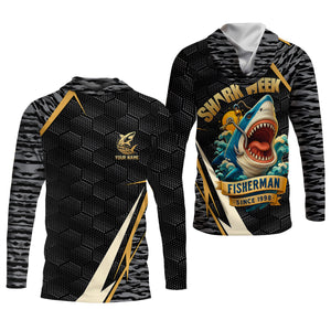Shark Week Hexagon Pattern Black Fishing Shirt, SPF Shirt For Men, Men's Fishing Shirt