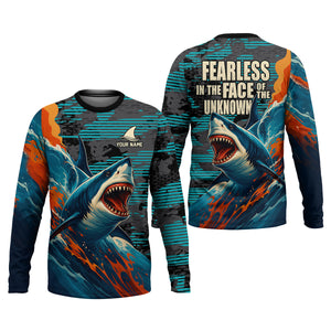 Fearless In The Face Of The Unknown Fishing UPF Shirts, Fishing Gifts For Men, Shark Fishing