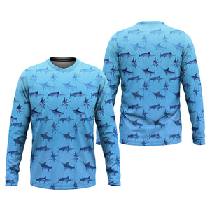 Swordfish Pattern Blue Fishing Shirt, Cute Fishing Outfits, SPF Shirt For Men, Men's Fishing Shirt