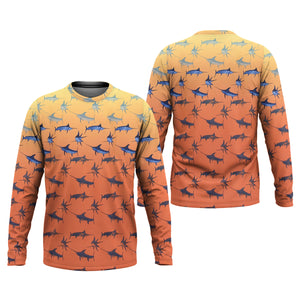 Swordfish Pattern Orange Fishing Shirt, Cute Fishing Outfits, SPF Shirt For Men, Men's Fishing Shirt