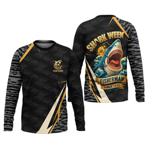 Shark Week Hexagon Pattern Black Fishing Shirt, SPF Shirt For Men, Men's Fishing Shirt