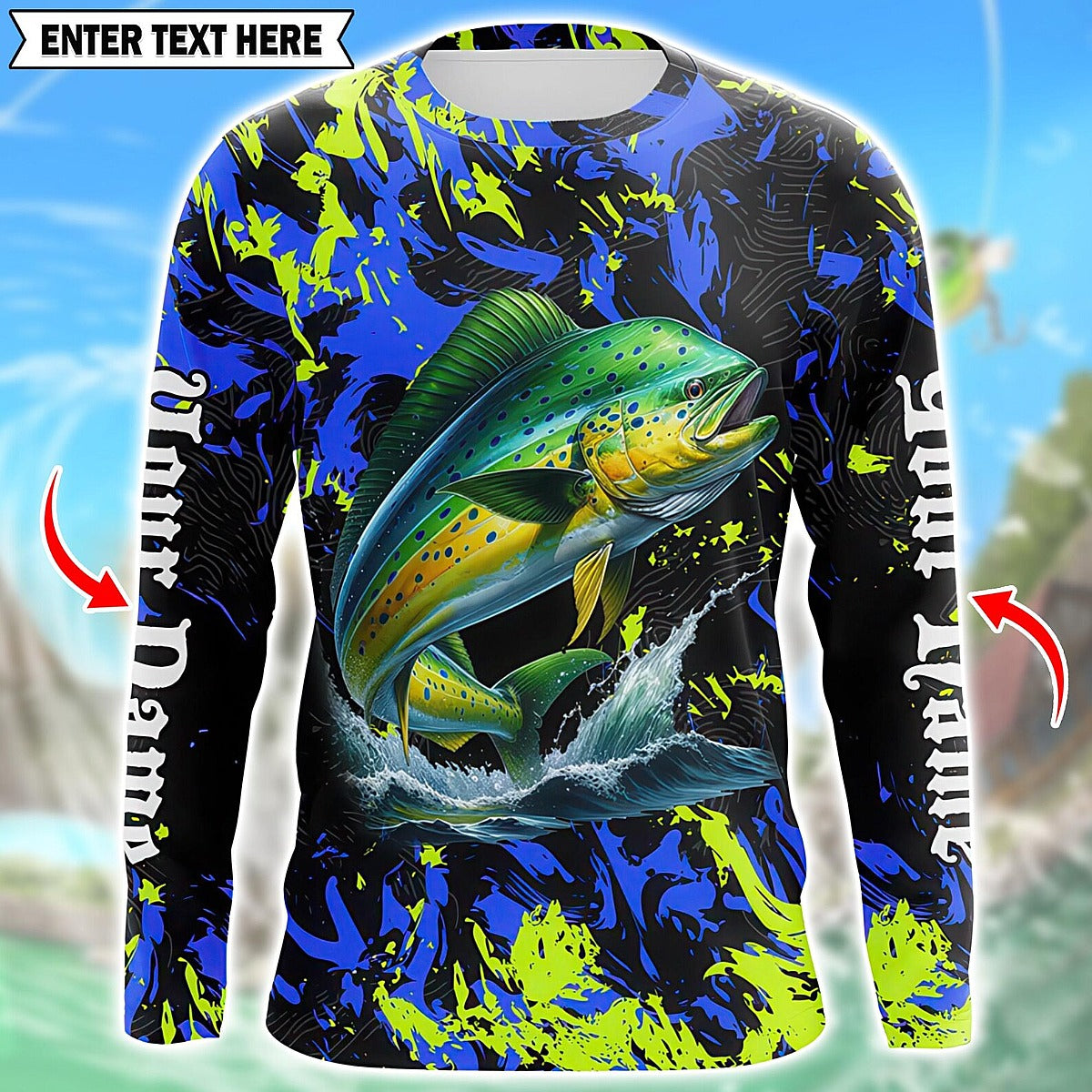Men's Long Sleeve Performance Fishing Shirt - Customizable Leaping Mahi-Mahi 3D All-Over Print with Abstract Splatter Design