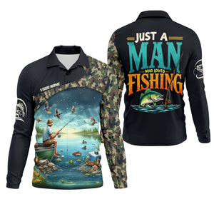 Just A Man Who Loves Fishing Camo Fishing Shirt, Fisherman Gift, SPF Shirt For Men