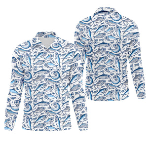 Navy Fish Pattern Fishing UPF Shirts, Men's Fishing Shirts Long Sleeve, Presents For Fishermen