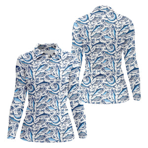 Navy Fish Pattern Fishing UPF Shirts, Female Fishing Shirts, SPF Long Sleeve Shirts Womens