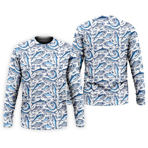Navy Fish Pattern Fishing UPF Shirts, Men's Fishing Shirts Long Sleeve, Presents For Fishermen