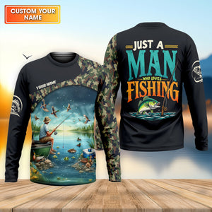 Just A Man Who Loves Fishing Camo Fishing Shirt, Fisherman Gift, SPF Shirt For Men