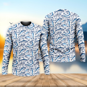 Navy Fish Pattern Fishing UPF Shirts, Men's Fishing Shirts Long Sleeve, Presents For Fishermen