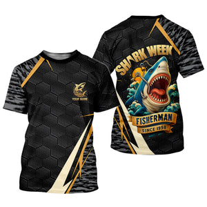 Shark Week Hexagon Pattern Black Fishing Shirt, SPF Shirt For Men, Men's Fishing Shirt