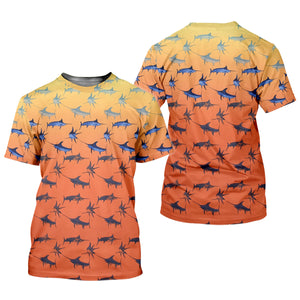 Swordfish Pattern Orange Fishing Shirt, Cute Fishing Outfits, SPF Shirt For Men, Men's Fishing Shirt