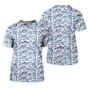 Navy Fish Pattern Fishing UPF Shirts, Female Fishing Shirts, SPF Long Sleeve Shirts Womens