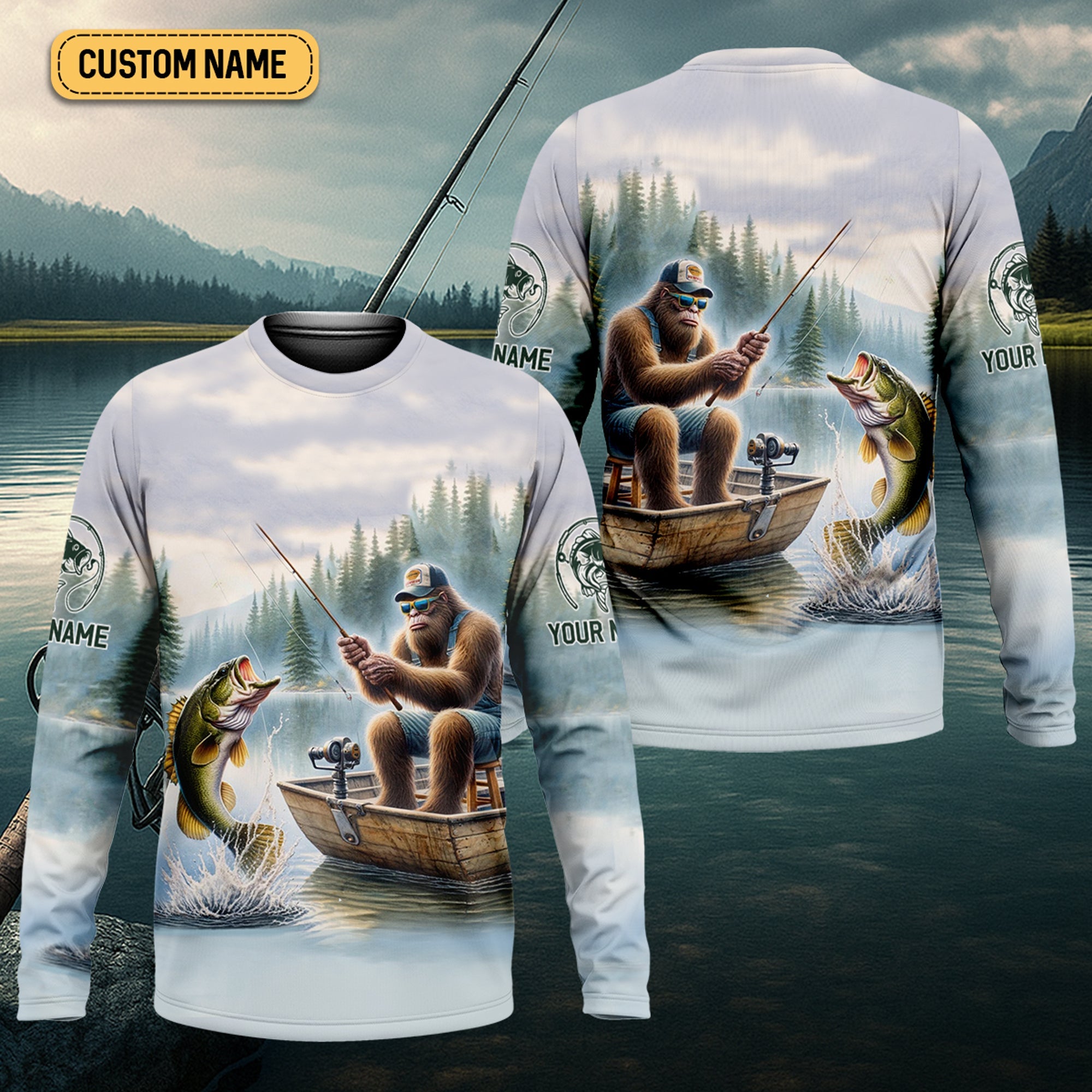 Bigfoot Fishing, Funny Fishing Shirt, SPF Shirts For Men, Hooded Long Sleeve Shirt, Fisherman Gift