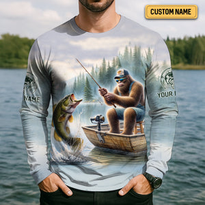 Bigfoot Fishing, Funny Fishing Shirt, SPF Shirts For Men, Hooded Long Sleeve Shirt, Fisherman Gift