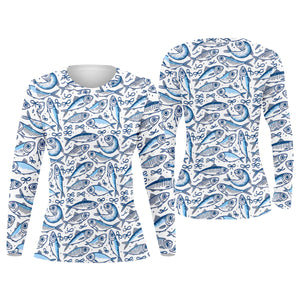Navy Fish Pattern Fishing UPF Shirts, Female Fishing Shirts, SPF Long Sleeve Shirts Womens