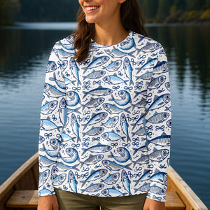 Navy Fish Pattern Fishing UPF Shirts, Female Fishing Shirts, SPF Long Sleeve Shirts Womens