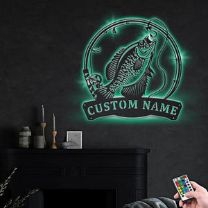 Personalized Black Crappie Fishing Fish Pole Monogram Metal Sign WITH LED/WITHOUT LED Lights Custom Black Crappie Fishing Metal Sign Hobbie Gifts