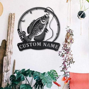 Personalized Black Crappie Fishing Fish Pole Monogram Metal Sign WITH LED/WITHOUT LED Lights Custom Black Crappie Fishing Metal Sign Hobbie Gifts