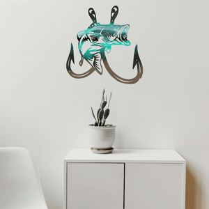 Metal Bass Fish with Hooks Plasma Cut Sign Art Fishing Art Gone Fishing