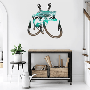 Metal Bass Fish with Hooks Plasma Cut Sign Art Fishing Art Gone Fishing