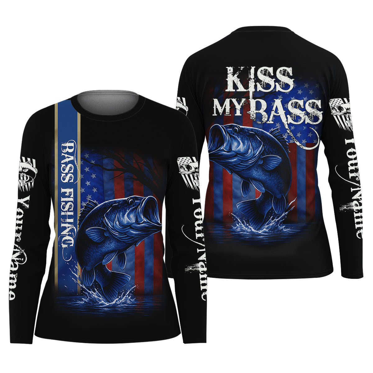 Kiss My Bass Patriotic Fishing Shirt, SPF Shirt, Funny Fishing Shirt, Women Fishing Shirt, Bass Fishing