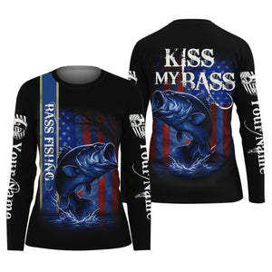 Kiss My Bass Patriotic Fishing Shirt, SPF Shirt, Funny Fishing Shirt, Women Fishing Shirt, Bass Fishing