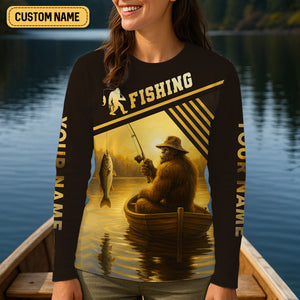 Proof Bigfoot Prefers Sunset Fishing Trips Fishing UPF Shirts, Funny Fishing Shirt, Women Fishing Shirt