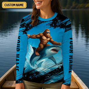 Just A Casual Day With Bigfoot And His Shark Fishing UPF Shirts, Funny Fishing Shirt, Women Fishing Shirt