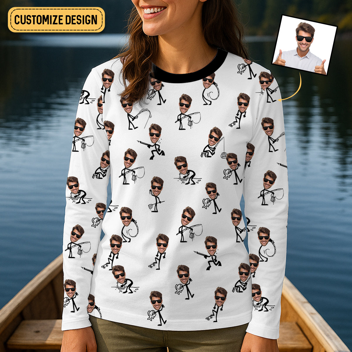 Funny Stick Figure Fishing Pose Custom Face Women SPF Shirt, Funny Fishing Shirt, Women Fishing Shirt