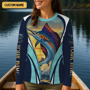 Marlin Fishing Shirts, Sunset Serenity, Ocean's Majesty, SPF Long Sleeve Shirts Womens, Female Fishing Shirts