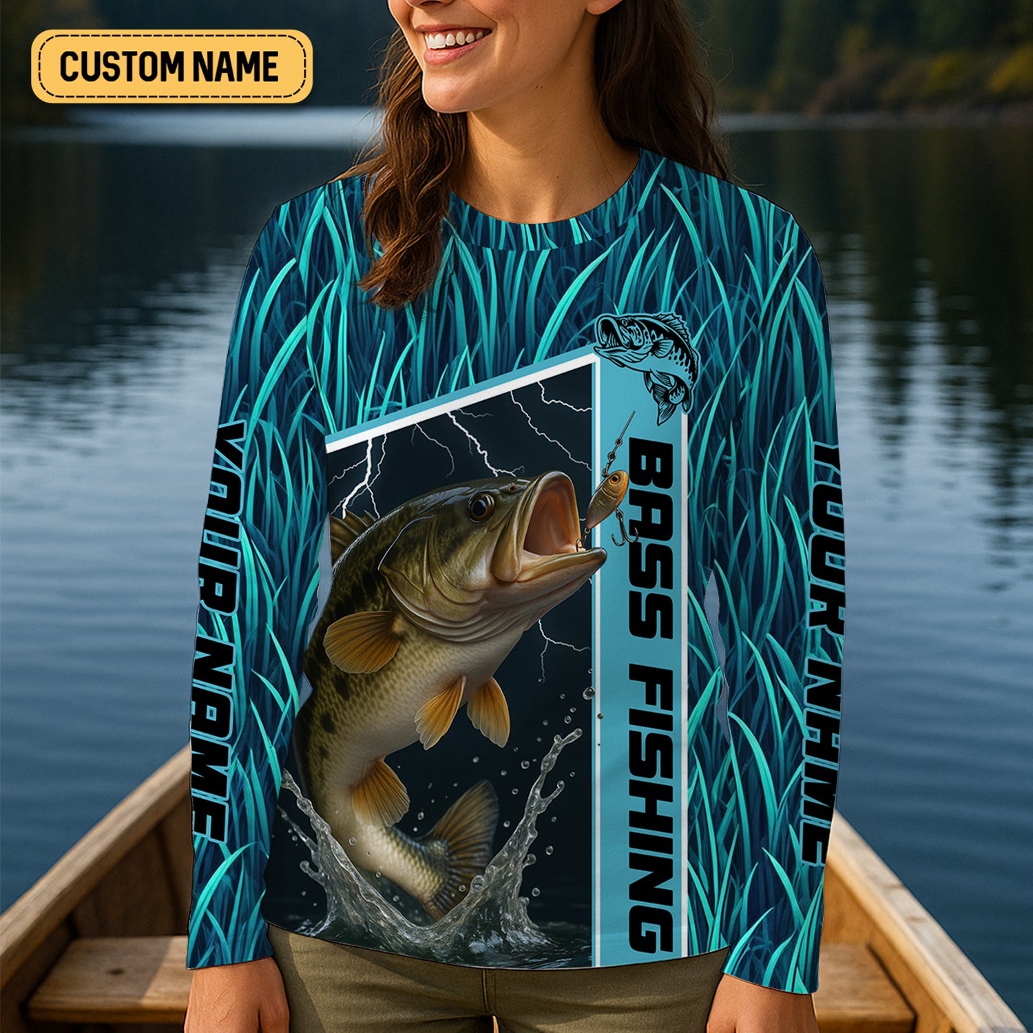 Teal Blue Tournament Fishing Shirts, SPF Long Sleeve Shirts Womens, Female Fishing Shirts