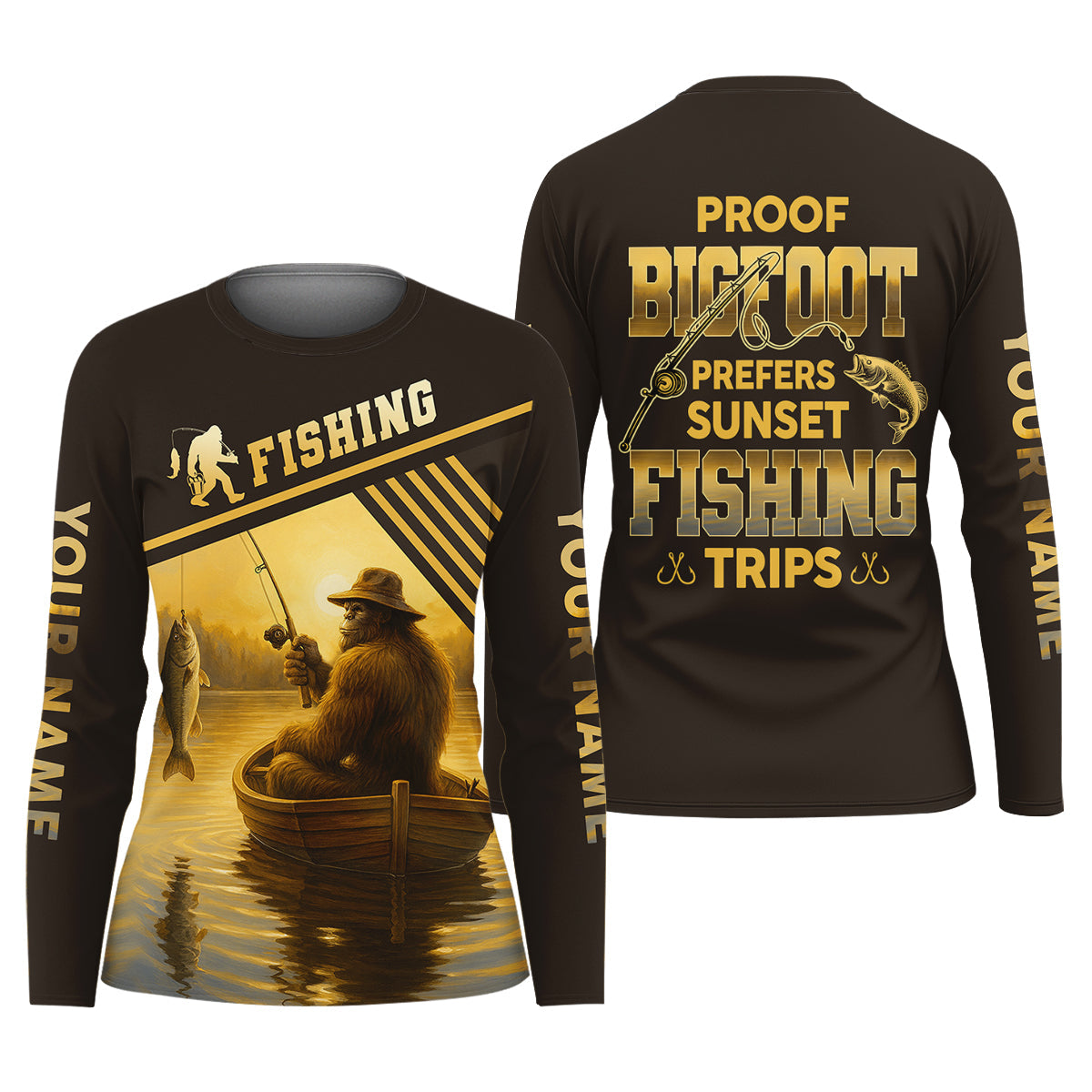 Proof Bigfoot Prefers Sunset Fishing Trips Fishing UPF Shirts, Funny Fishing Shirt, Women Fishing Shirt